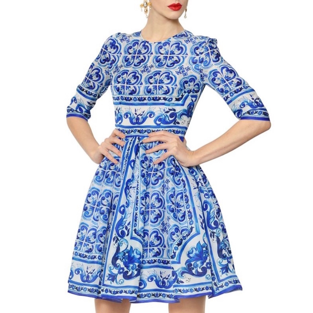 DOLCE & GABBANA BLUE MAJOLICA PRINTED DRESS 38